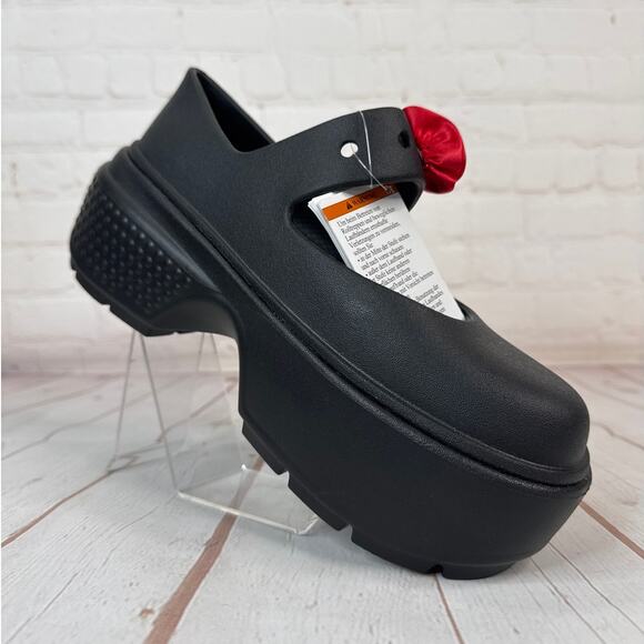 Crocs Stomp Rosette Mary Jane Black Red Rose Platform Clog Sandals M Sz 5/W Sz 7 - Picture 2 of 9